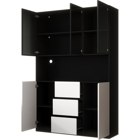 LED-Vitrine aus Glas 120 x 40 x 200 cm mit 3 Schubladen und 2 Türen, Schwarz-Weiß (1/5)
