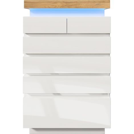 Buffet blanc laqué avec 6 tiroirs, éclairage LED contrôlable par application, 115 x 73 x 39 cm (1/5)