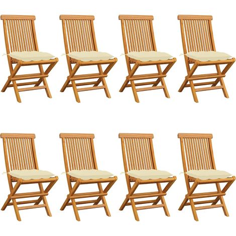 Lot de 8 Chaises de jardin avec coussins blanc crème - Chaise d'extérieur pour terrasse/jardin Teck massif BV678115 - BonneVie (1/5)