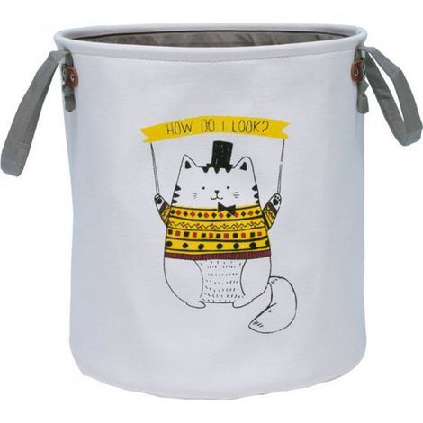 Panier de rangement avec poignées - Chat mignon - Jolies couleurs - Panier à linge pour chambre d'enfant - Panier de rangement pour jouets - Blanc - Jaune (1/3)