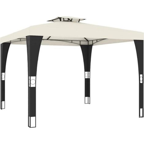 Pergola beige à double toit, 2,98 x 2,98 mètres, structure en acier. (1/5)