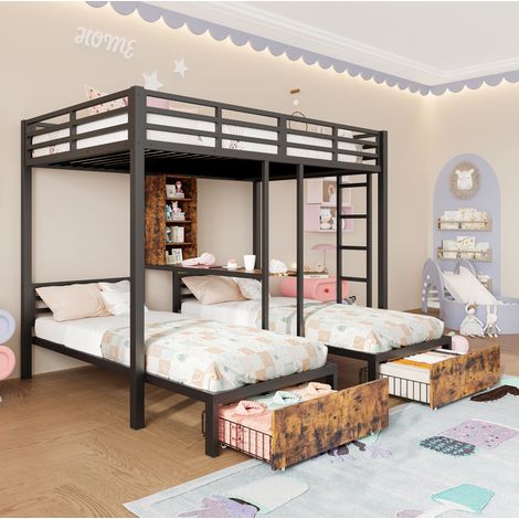 Etagenbett Metall und MDF Schwarz 140x200 cm + 2x 90x200 cm, 3 Schlafplätze, mit Schubladen und Stauraum (1/5)