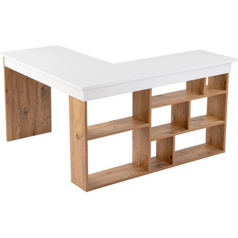 Eckschreibtisch mit Stauraum, Dekor in Weiß und Atlantik-Kiefer L130 cm - VESPER (1/5)