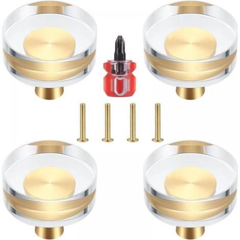 Set mit 4 Türknöpfen aus Messing und Klarglas für Schränke, Schubladen, Kommoden und Möbel – 30 x 27 mm