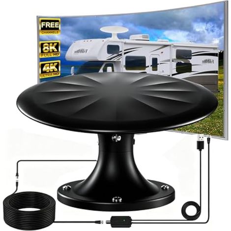 Antenne TV pour véhicule récréatif montée sur le toit, antenne portable pour camping-car, antenne numérique HD de réception omnidirectionnelle à 720°, avec super amplificateur de signal, câble (1/5)