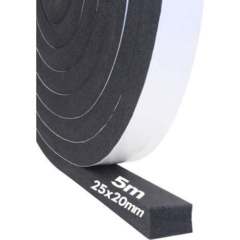 Bande d'étanchéité autocollante en mousse 25 mm (l) x 20 mm (H), caoutchouc mousse autocollant pour porte fenêtre, résistant aux intempéries, anti-collision, isolation acoustique, longueur totale 5m (1/4)
