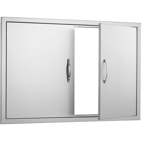 Porte d'accès BBQ 990x660 mm, acier inoxydable, double porte encastrée pour îlot de cuisson extérieur, avec poignées et crochets. (1/5)