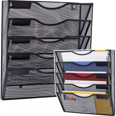 Organizador metálico para documentos y periódicos, estante de pared, 5 compartimentos, tamaño A4, negro. (1/5)