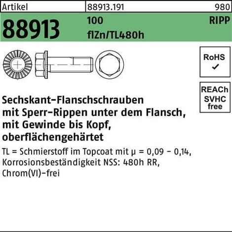 Vis à brides hexagonales R 88913 nervure de blocage VG M10x25 100 flZnnc 480h-L 200p.