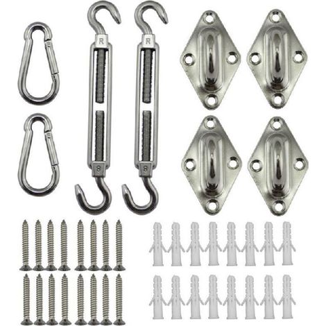 Kit d'installation de voile d'ombrage en acier inoxydable 304, comprenant un tendeur de 5 pouces, des œillets argentés et des mousquetons pour l'installation de la voile d'ombrage. (1/4)