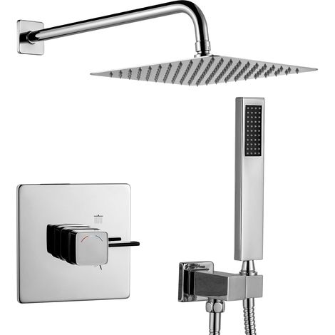 Colonne de Douche Thermostatique Encastrable, Système de Douche 40°C avec Mitigeur Encastré, Douche Plafonnière, Douchette et Flexible, Corps en Laiton et Acier Inoxydable, Chromé (1/5)