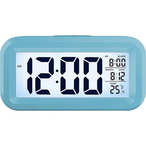 Digitaler Wecker fürs Schlafzimmer, batteriebetriebener Tischwecker, digitaler Wecker mit intelligentem Nachtlicht, 12/24-Stunden-Anzeige – °C/°F – Datum, für Teenager, Erwachsene und Kinder, Blau, 42