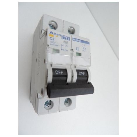 Disjoncteur 2A 2P courbe C 6kA bornes vis norme CE ALTERNATIVE ELEC AE14202