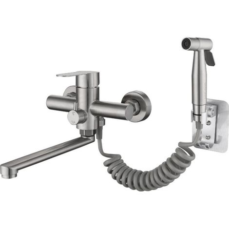 Robinet de Cuisine Mural Mitigeur pour Evier Robinetterie Cuisine avec pistolet de pulvérisation et 2 types de jets d\'eau Rotatif à 360° en acier inoxydable brossé (1/5)