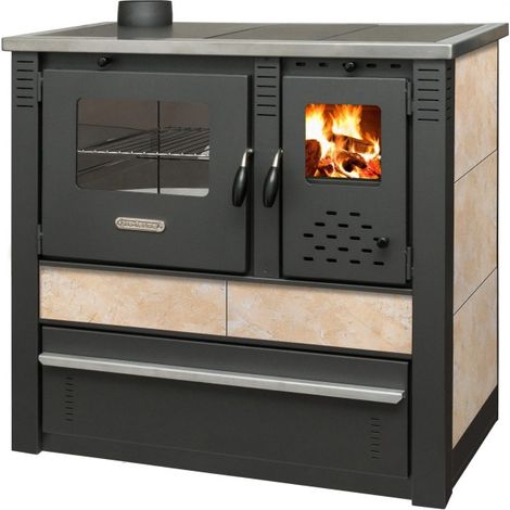 Cuisinière à bois 10 kW A+ – Four intégré – Revêtement céramique beige – Surface de chauffe 60-80 m² – Évacuation droite (1/5)