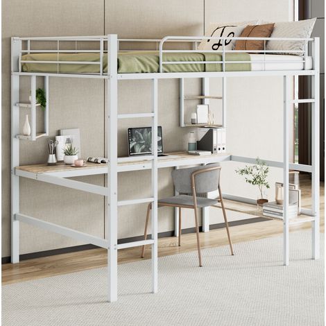 Letto rialzato adolescenti 140 x 200 cm con scrivania, 4 ripiani e libreria in ferro, bianco