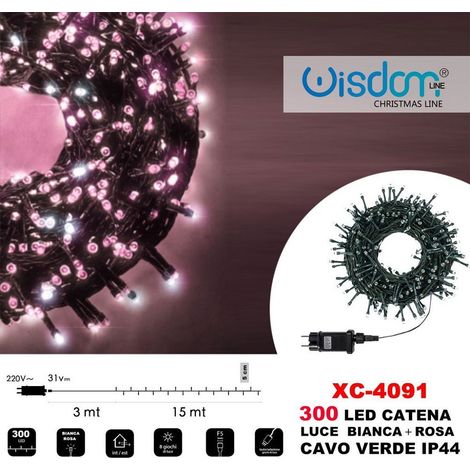 Wisdom - Catena Luminosa 300 Luci Led Lucciole Luce Bianca + Rosa Cavo Verde Ip44 Xc-4091 -