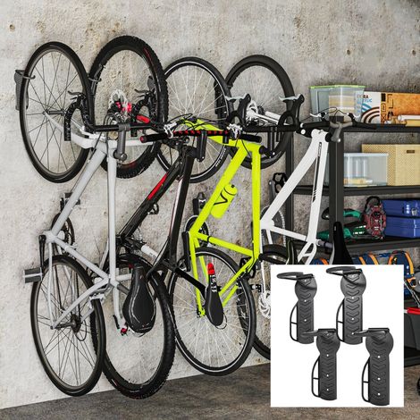 Lot 4 supports vélos verticaux muraux pliables, charge max 30 kg, accroche-vélo pour garage maison, noir. Idéal pour course, VTT, VAE. (1/5)