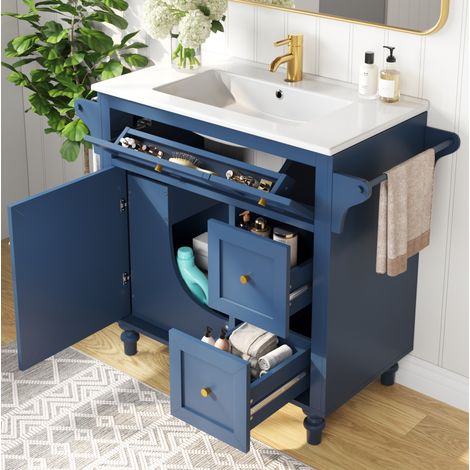 Mobile lavabo moderno blu con lavabo in ceramica, 99,5 x 45 x 86 cm, 2 cassetti, ribalta, ripiano estraibile (1/5)