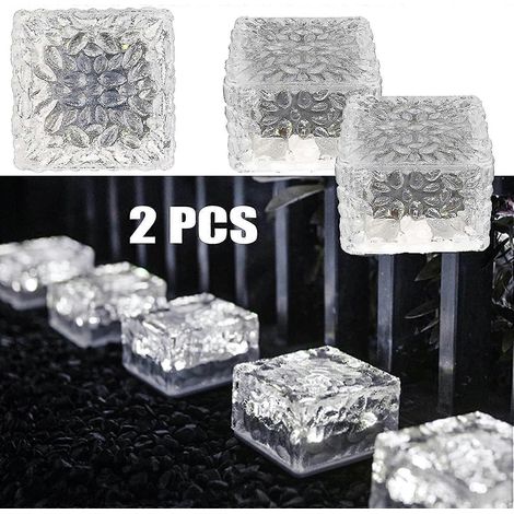 Lot de 2 lampes solaires de sol extérieures à 4 LED, effet brique de glace, lumière blanche froide, capteur marche/arrêt, étanches. (1/3)