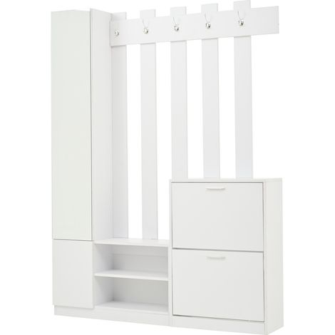 Ensemble de vestiaire avec miroir et 2 armoires à chaussures blanches 135x25x180 cm pour couloir (1/5)