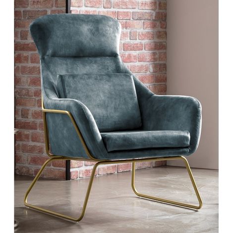 Fauteuil Relax en Velours Bleu avec Pieds en Métal Coloris Laiton et Accoudoirs - PANGIVO (1/5)