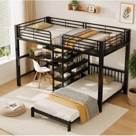 Letto a soppalco 90 x 200 cm con scrivania, vani portaoggetti e prese USB/Type-C nero HAVRYA (1/5)