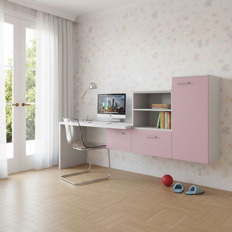 Angolo studio con scrivania parzialmente sospesa e libreria - Design moderno e personalizzabile - bianco e cipria