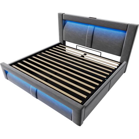 Cama doble 160x200 cm con almacenaje hidráulico LED USB-C terciopelo gris HOMVRA (1/5)