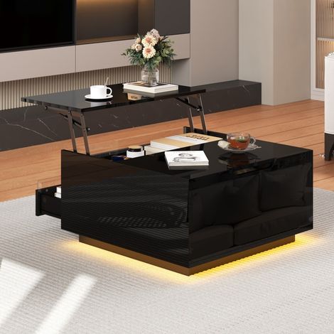 Table Basse Relevable avec LED - 70x70x38cm - Plateau Brillant Coffre Caché et 1 Tiroir - Pour Salon Moderne - Noir (1/5)