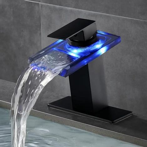 Schwarzer Waschtischhahn mit LED-Beleuchtung, Dreiloch-Einhebelmischer mit Abdeckung.