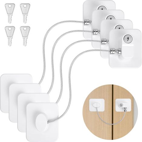 4 Pièces Securite Fenetre, Cadenas Frigo avec 4 Clés, Blanc Verrou Fenetre, Forte Adhésif Serrure Frigo, Sans Perçage pour Bloque Porte Placard Armoire Tiroir Laveuse (1/5)