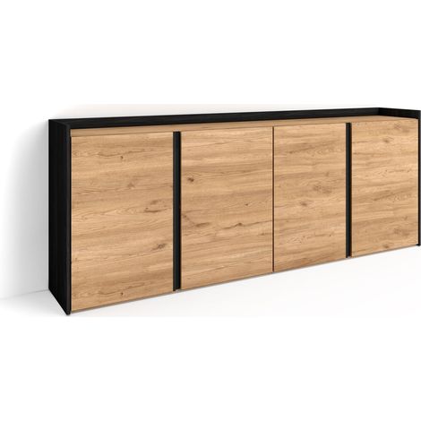 Skraut Home - Credenza, Mobile, Cucina, Madia, mobile ingresso, 207x35x80 cm, 4 Porte, grande stoccaggio, Stile moderno, Rovere e nero (1/5)