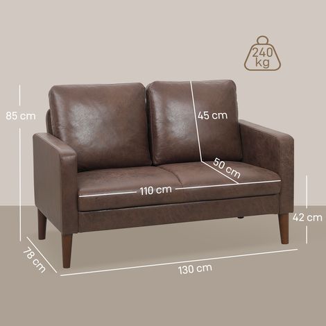 Un canapé deux places moderne avec revêtement en cuir respirant et pieds en bois, mesurant 130x78x85 cm, de couleur marron foncé. (1/5)