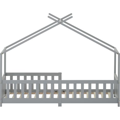 Lit cabane enfant avec barrière et sommier à lattes 90 x 200 cm gris MODENUIT (1/5)