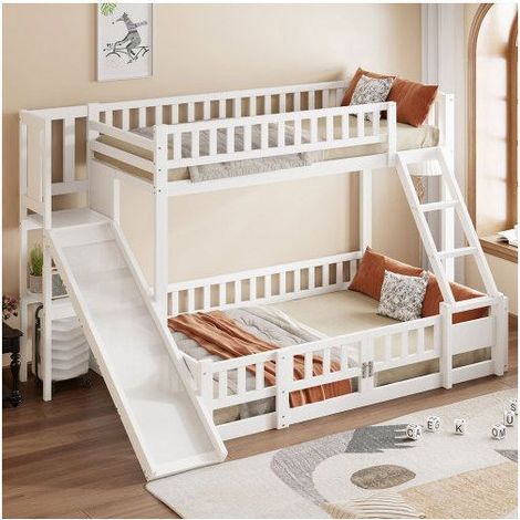 Lit Superposé Enfant90/140x200 cm - avec Toboggan et Étagères de Rangement - lit Superposé - Pin Massif Blanc, garde-corps sécurité