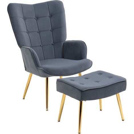 Fauteuil avec repose-pied, fauteuil salon capitonné avec dossier haut, pieds en acier doré et tissu velours, gris foncé (1/5)