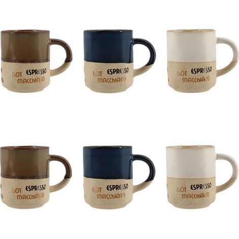 Lot de 6 tasses assorties 20cl en céramique – Décor vintage bi-matière – Compatible lave-vaisselle – Pour café et thé