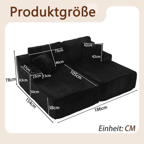 Canapé-lit relax 2 places, fauteuil lounge, tissu velours côtelé doux, poche magazine latérale, porte-boissons, coussin inclus, idéal salon, bureau, chambre d'amis, appartement, noir. (1/5)