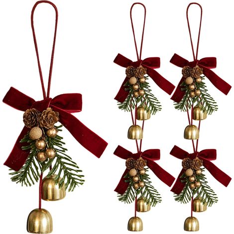 Lot de 5 Mini nœuds de Noël rustiques en Velours avec 2 Cloches en Fer doré, décoration Pomme pin et Feuilles, Ornements d'arbre festifs pour Arbre Noël, Maison, Mariage, décoration (1/5)