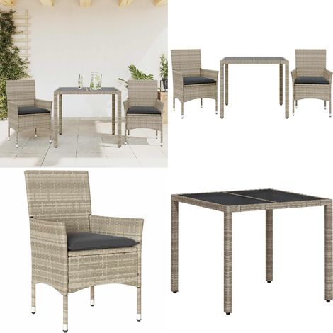 3-tlg. Garten-Essgruppe mit Kissen Hellgrau Poly Rattan Glas - Gartentisch - Gartenmöbel Set - Esstisch - Gartenset - Outdoor Möbel - Home & Living (1/5)