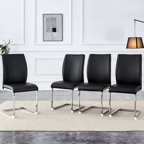 Lot de 4 chaises de salle à manger en PU noir avec piètement métal argent, style européen,44×44.5×99cm (1/5)