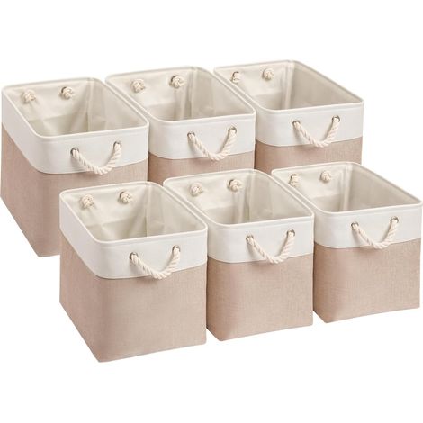 Boîtes de Rangement Tissu,28x28x28cm Paniers de Rangement Pliables Pour Coffres étagère à jouets, Barre de Lavage (Kaki Clair/Blanc, 6 Pack) (1/5)