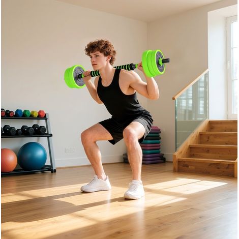 Set d'haltères 4-en-1 réglable 20 kg, haltères, barre, kettlebell et poignées de pompes vert HAVRYA (1/4)