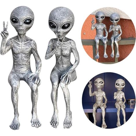 AIITLLYNA Alien Statuette,Set of 2 Space Alien Statues,Extra Terrestrial Statue,Garden Figurine,Resin Sculpture for Home Office Garden Patio Yard Lawn (1/5)