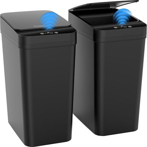 2 Pack Poubelle de Salle de Bain 10L Automatique avec Couvercle Intelligente, Anti Odeur pour Toilette WC, Ouverture/Fermeture Automatiques, 32 x 23 x 15.7cm, Noir (1/5)