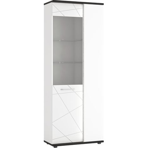 Vitrine mit Beleuchtung, weiß Hochglanz mit Eiche schwarz, VISALIA-129 (1/4)