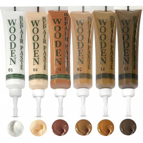 6 x parquet repair kit for wood paste to repair scratches, cracks white, oak colour, walnut wood colour, light walnut wood colour, natural wood colour, cer colour (1/3)