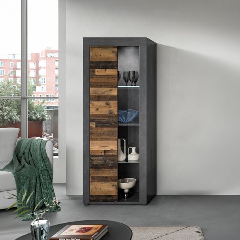 Vitrine 60x35x159 cm gris décor en bois brun - JAMO