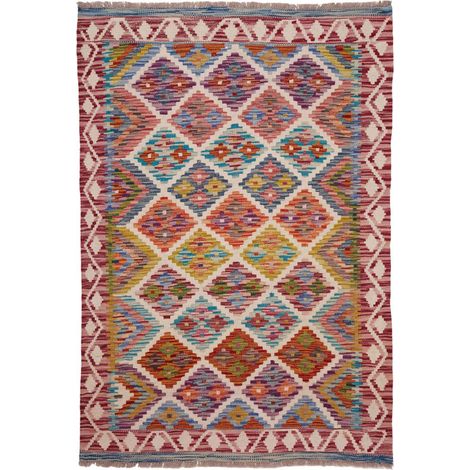 Tapis kilim 103 x 149 cm, motif ethnique, multicolore bleu et rouge, en laine naturelle, tissé à plat, style artisanal (1/5)